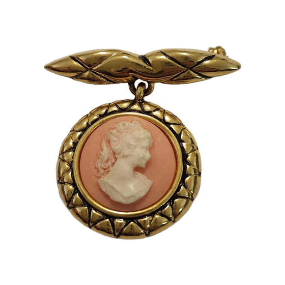 Vintage Bow Top Pink Cameo Brooch, Victorian Style Pin, 1.5" L - Picture 2 of 11